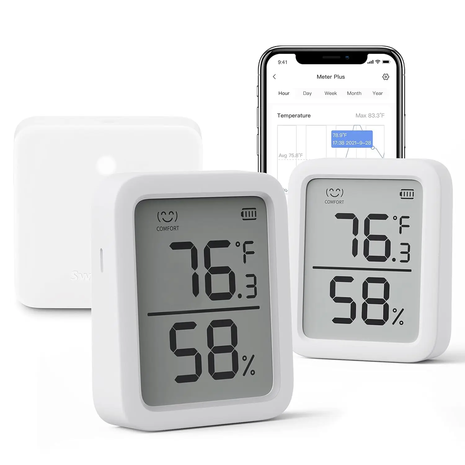 Smart Indoor Thermometer Hygrometer with App Control, Large LCD Display, Bluetooth Temperature Humidity Sensor