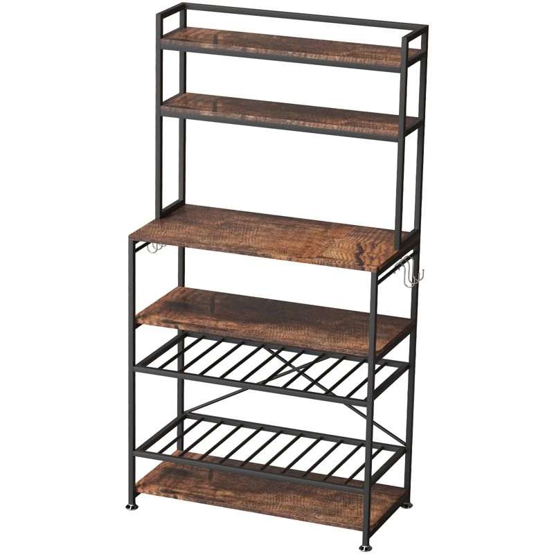 "6-Tier Brown Baker's Rack Stand with 6 Hooks, with Adjustable Wine Rack for Utility Storage Shelf 
"6-Tier Brown Baker's Rack Stand with 6 Hooks, with Adjustable Wine Rack for Utility Storage Shelf