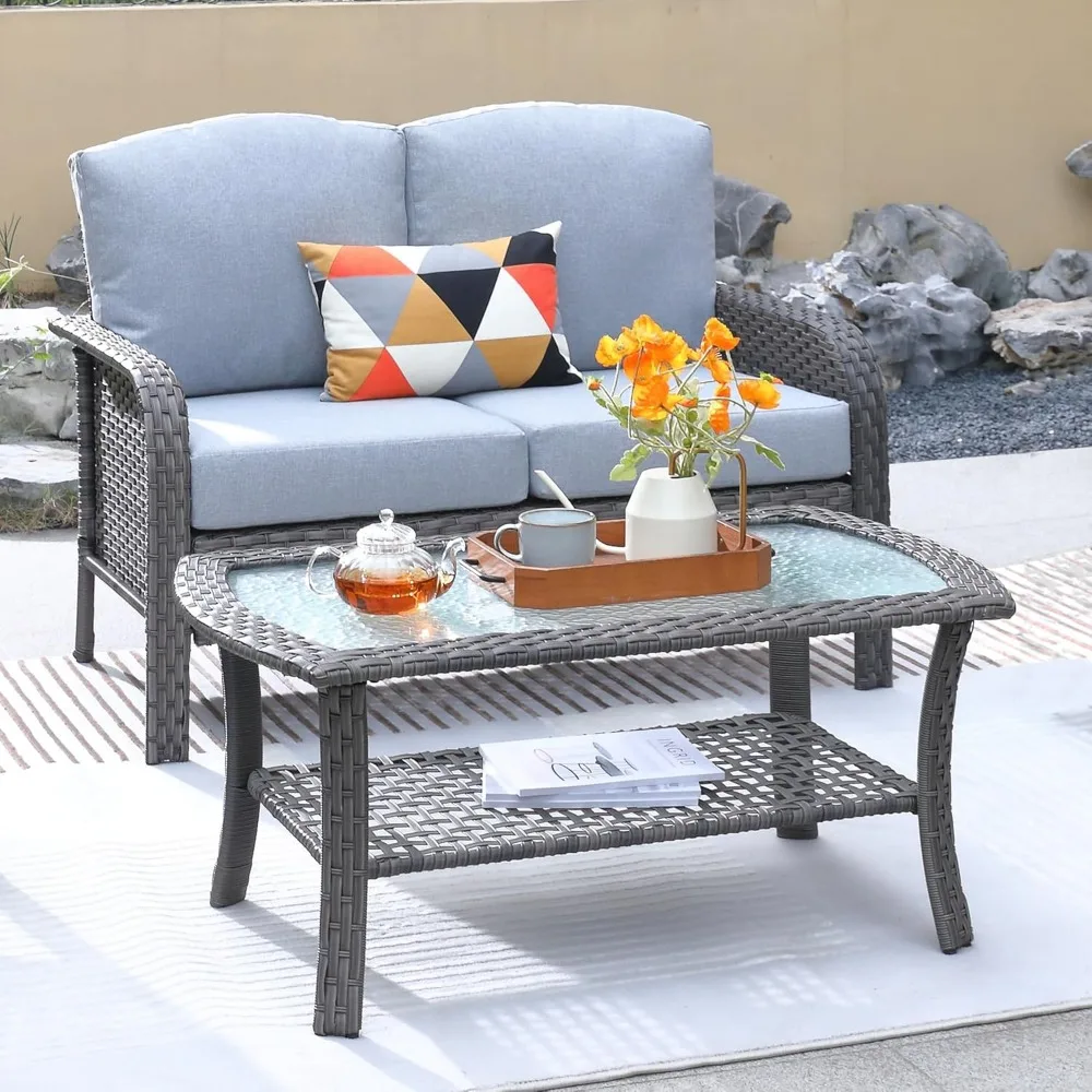 2 Pieces Patio Furniture Set, Outdoor Wicker Sofa with Glass Coffee Table, All Weather High Back Rattan Loveseat Couch
2 Pieces Patio Furniture Set, Outdoor Wicker Sofa with Glass Coffee Table, All Weather High Back Rattan Loveseat Couch