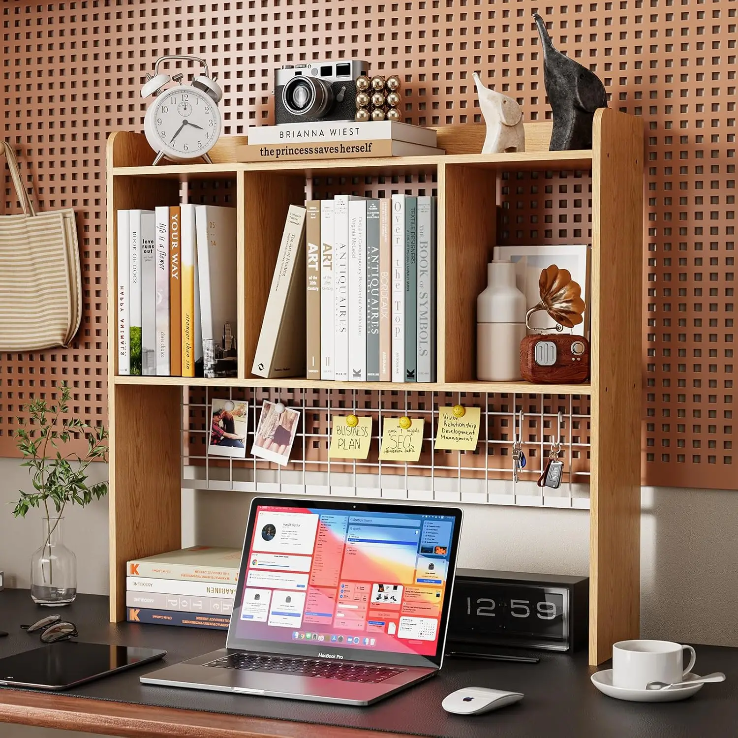 Desktop Bookshelf with 3 Shelves and Grid Panel, Multipurpose Wood Storage Organizer for Home Office Dorm in Natural
Desktop Bookshelf with 3 Shelves and Grid Panel, Multipurpose Wood Storage Organizer for Home Office Dorm in Natural