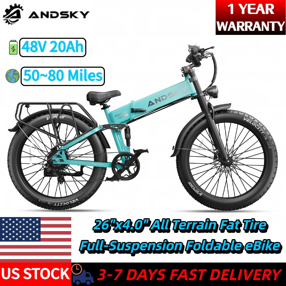 ANDSKY Forge 26 Electric Bike 48V 20Ah 80Miles Full-Suspension Foldable E-bike 28MPH Top Speed 26"x4.0" Fat Tire Mountain Electric Bicycle with 7-Speed Derailleur Gears LED Display 1300W Motor Power
ANDSKY Forge 26 Electric Bike 48V 20Ah 80Miles Full-Suspension Foldable E-bike 28MPH Top Speed 26"x4.0" Fat Tire Mountain Electric Bicycle with 7-Speed Derailleur Gears LED Display 1300W Motor Power
