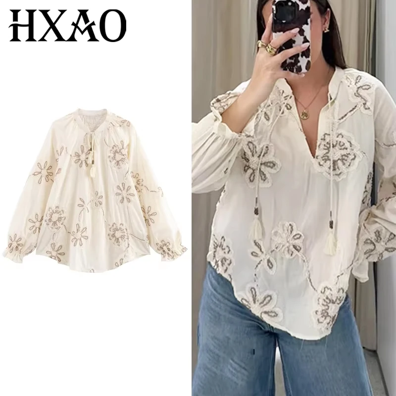 HXAO Woman 2025 Embroidered Blouse Spring Summer Floral Lace-Up Long Sleeve Top Shirts & Blouses Elegant Large Size Resort Shirt
HXAO Woman 2025 Embroidered Blouse Spring Summer Floral Lace-Up Long Sleeve Top Shirts & Blouses Elegant Large Size Resort Shirt