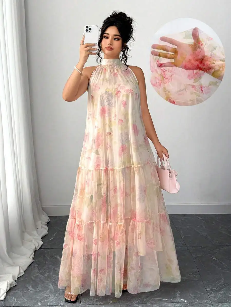 Plus Size Sleeveless Floral Mesh Tiered Maxi Dress with High Neck
Plus Size Sleeveless Floral Mesh Tiered Maxi Dress with High Neck