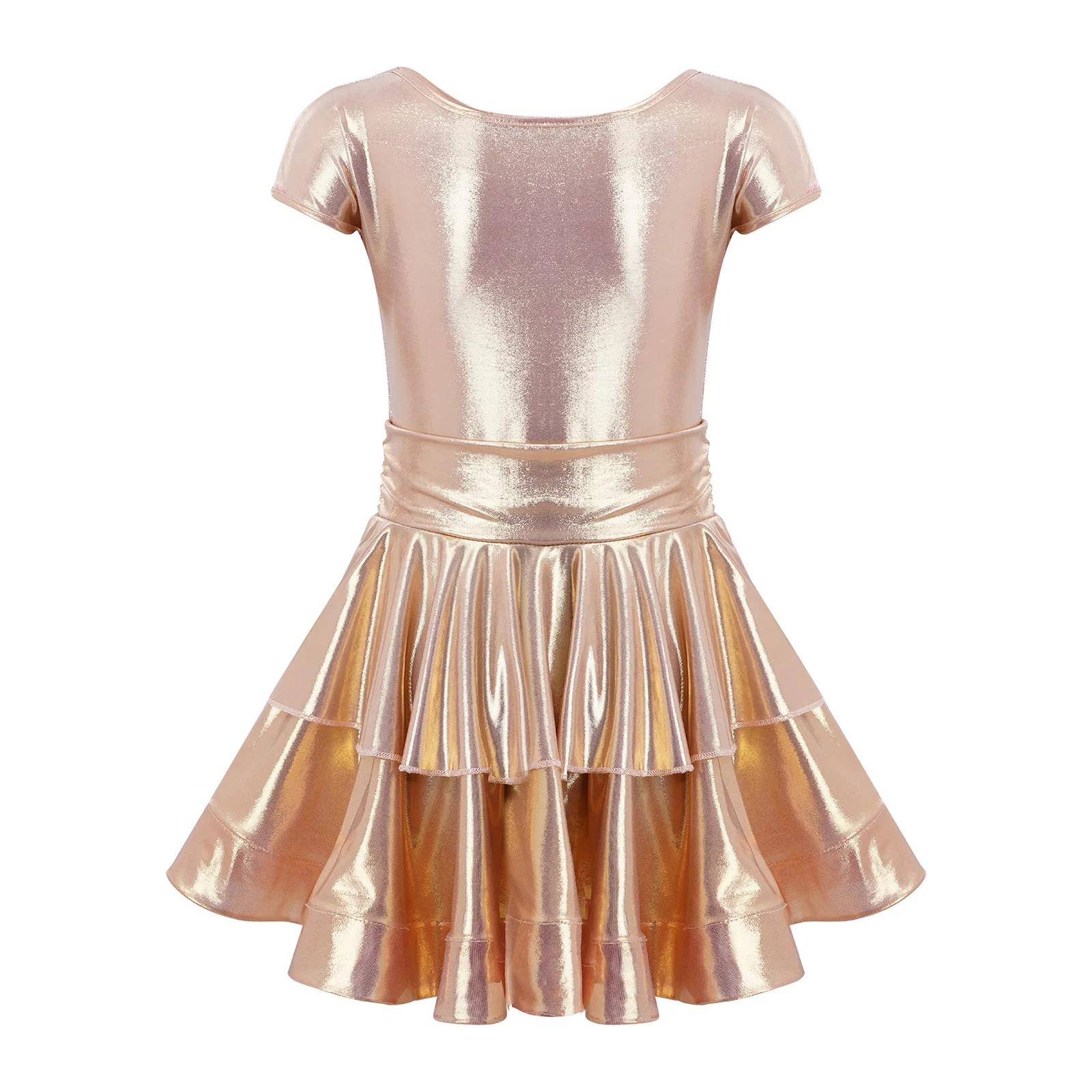 Children Girls Ruffled Metallic Latin Dance Dress Round Neck Cap Sleeves Dresses with Built In Shorts for Ballet Jazz Dance Show
Children Girls Ruffled Metallic Latin Dance Dress Round Neck Cap Sleeves Dresses with Built In Shorts for Ballet Jazz Dance Show