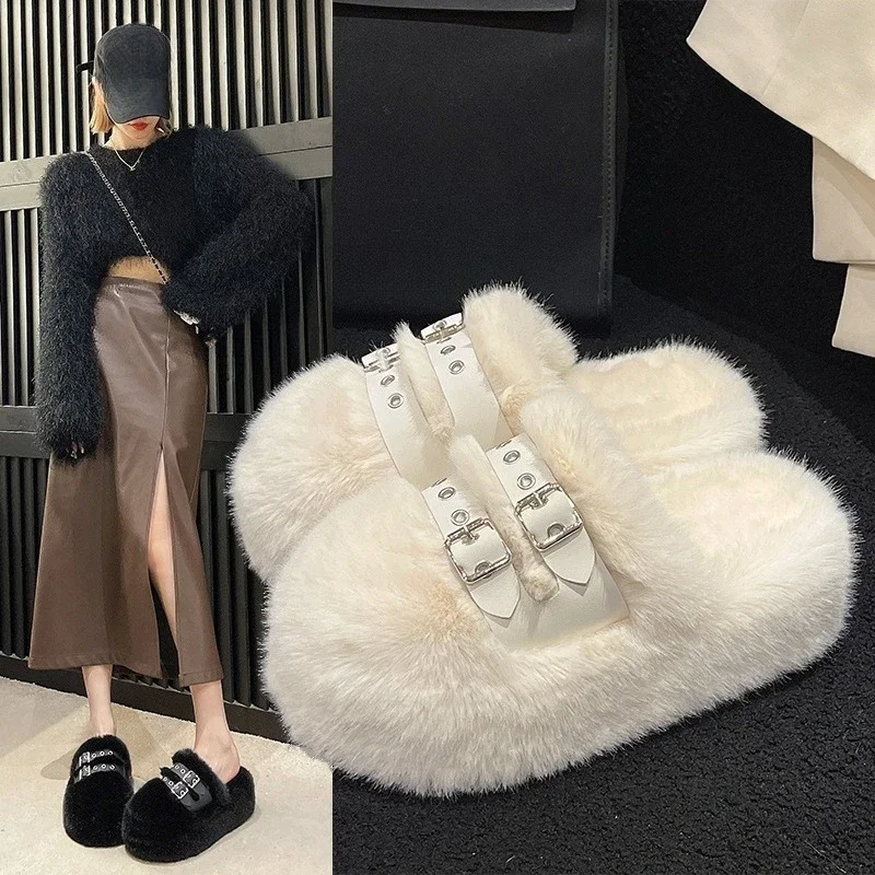 Women's Hairy Leather Belt Buckle Slippers,winter Thick Soled Height Increasing Toe Cap Slippers with Plush Warm Cotton Slippers
Women's Hairy Leather Belt Buckle Slippers,winter Thick Soled Height Increasing Toe Cap Slippers with Plush Warm Cotton Slippers