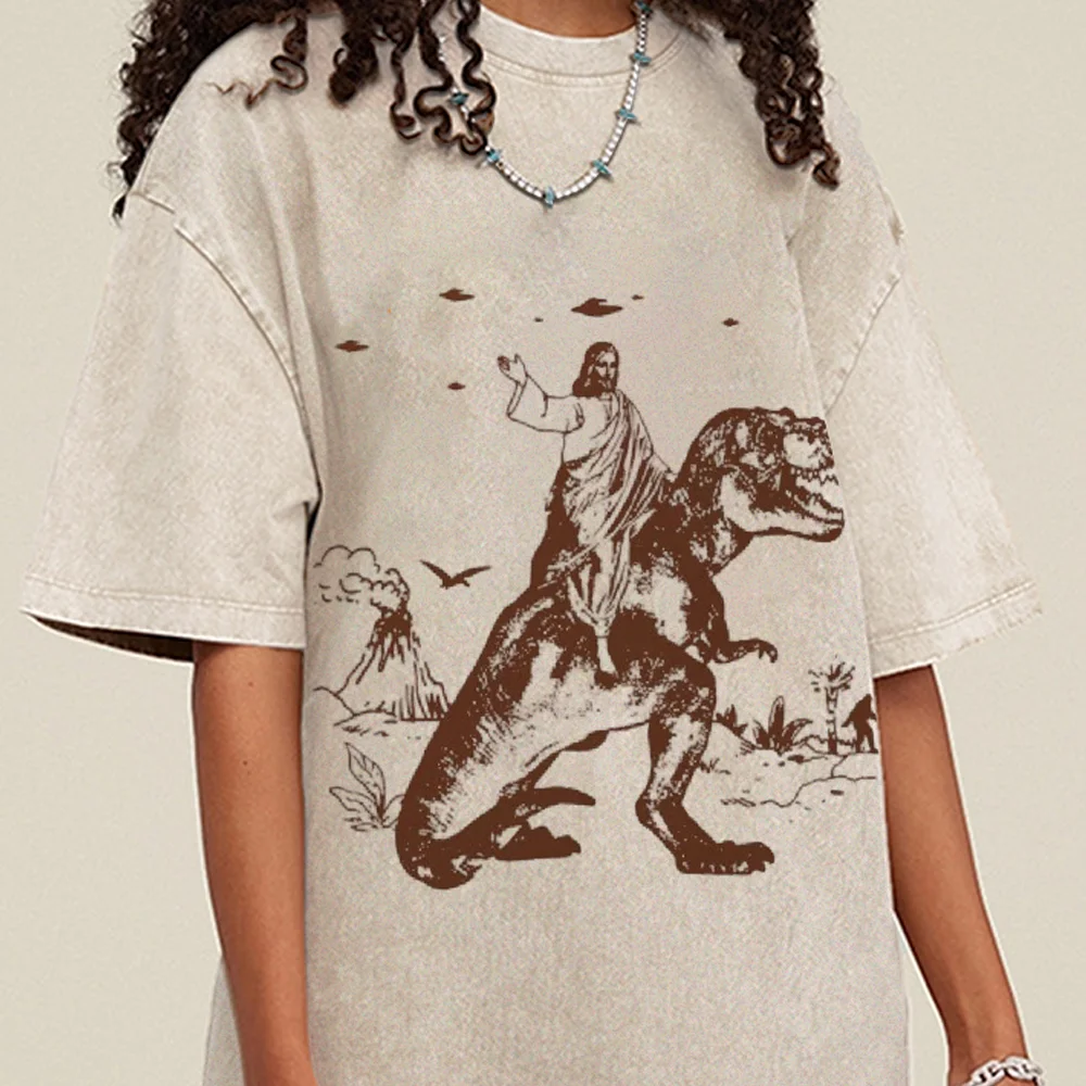 Cartoon Dinosaur Print Fashion T-Shirt Women's Unisex Wash Distressed Vintage Tee Student Fashion Design Vacation Top
Cartoon Dinosaur Print Fashion T-Shirt Women's Unisex Wash Distressed Vintage Tee Student Fashion Design Vacation Top