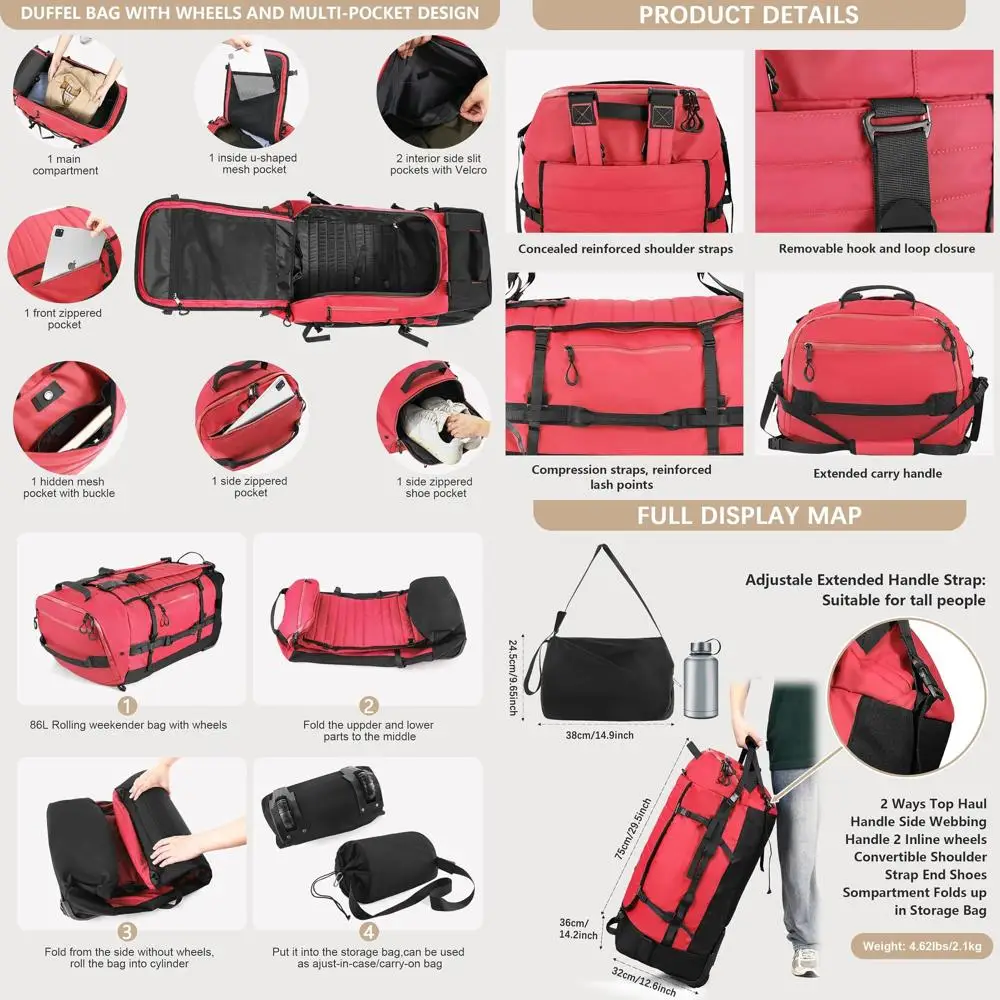 Rolling Waterproof Travel Bag, Collapsible Large Capacity for Men & Women, Ideal for Weekend Trips, Red
Rolling Waterproof Travel Bag, Collapsible Large Capacity for Men & Women, Ideal for Weekend Trips, Red