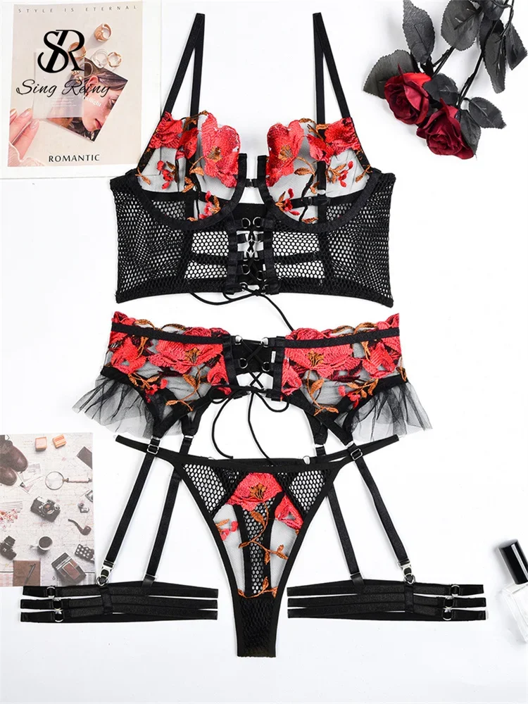SINGREINY Female Erotic Floarl Underwear Sets Sheer Cross Bandage Embroidery Lingerie Hollow Out Mesh Sexuality 4 Pieces Suits
SINGREINY Female Erotic Floarl Underwear Sets Sheer Cross Bandage Embroidery Lingerie Hollow Out Mesh Sexuality 4 Pieces Suits