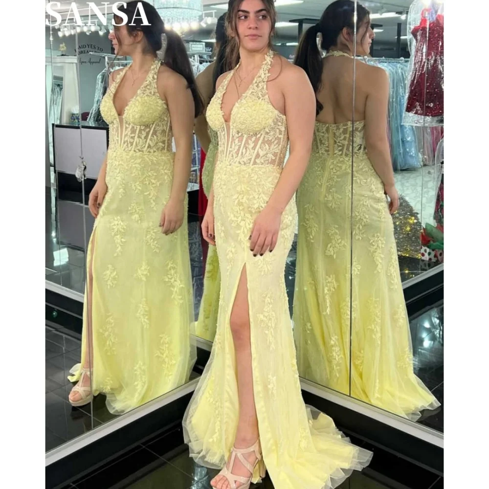 Sansa Floral Embroidery A-line Lace Evening Dress Halter Neck Floor-Length Wedding Dresses Side Splite vestidos de fiesta 2024
Sansa Floral Embroidery A-line Lace Evening Dress Halter Neck Floor-Length Wedding Dresses Side Splite vestidos de fiesta 2024
