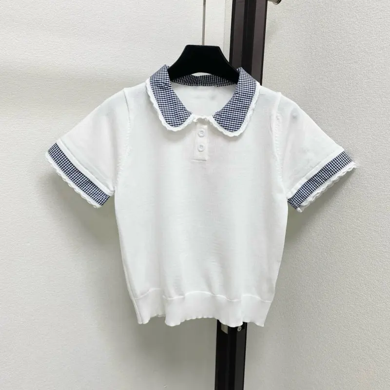 Lapel Short Sleeve Blouse Plaid Patchwork Neck Cuff With Heavy Craft Buttons
Lapel Short Sleeve Blouse Plaid Patchwork Neck Cuff With Heavy Craft Buttons
