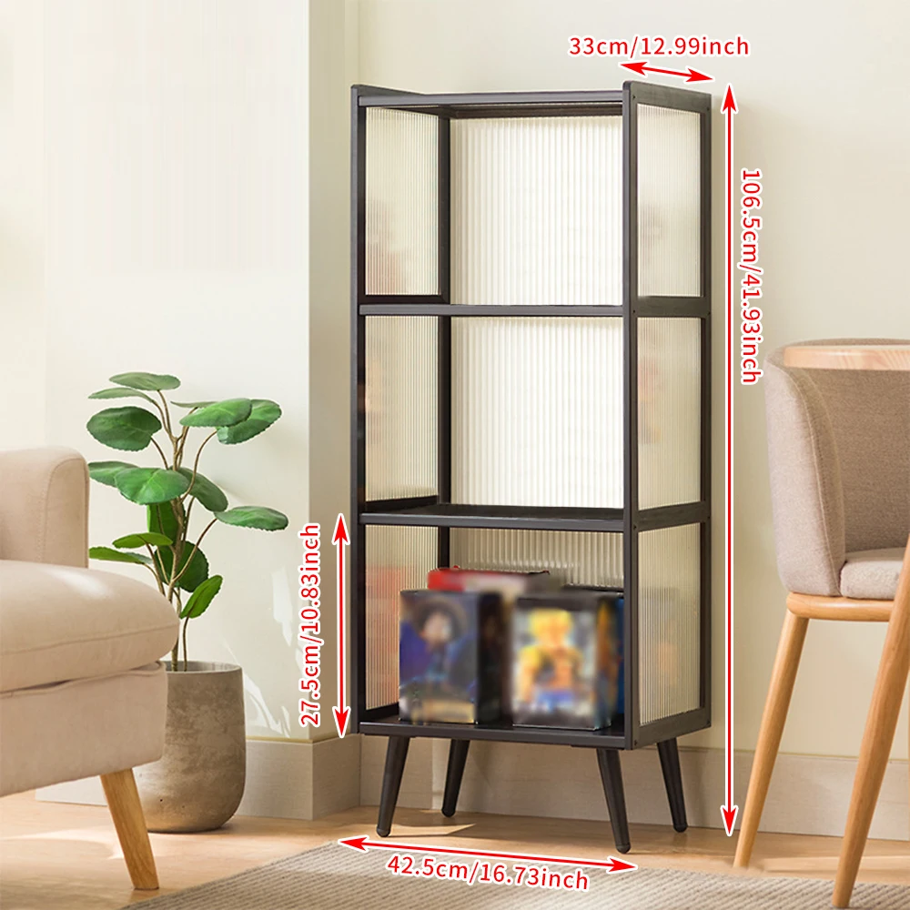 4-Tier Acrylic Fluted Glass Display Cabinet Black Metal Frame Freestanding Book Shelf Toy Figurine Handheld Model Storage Organizer Open Back Bookcase for Living Room Bedroom Decor
4-Tier Acrylic Fluted Glass Display Cabinet Black Metal Frame Freestanding Book Shelf Toy Figurine Handheld Model Storage Organizer Open Back Bookcase for Living Room Bedroom Decor