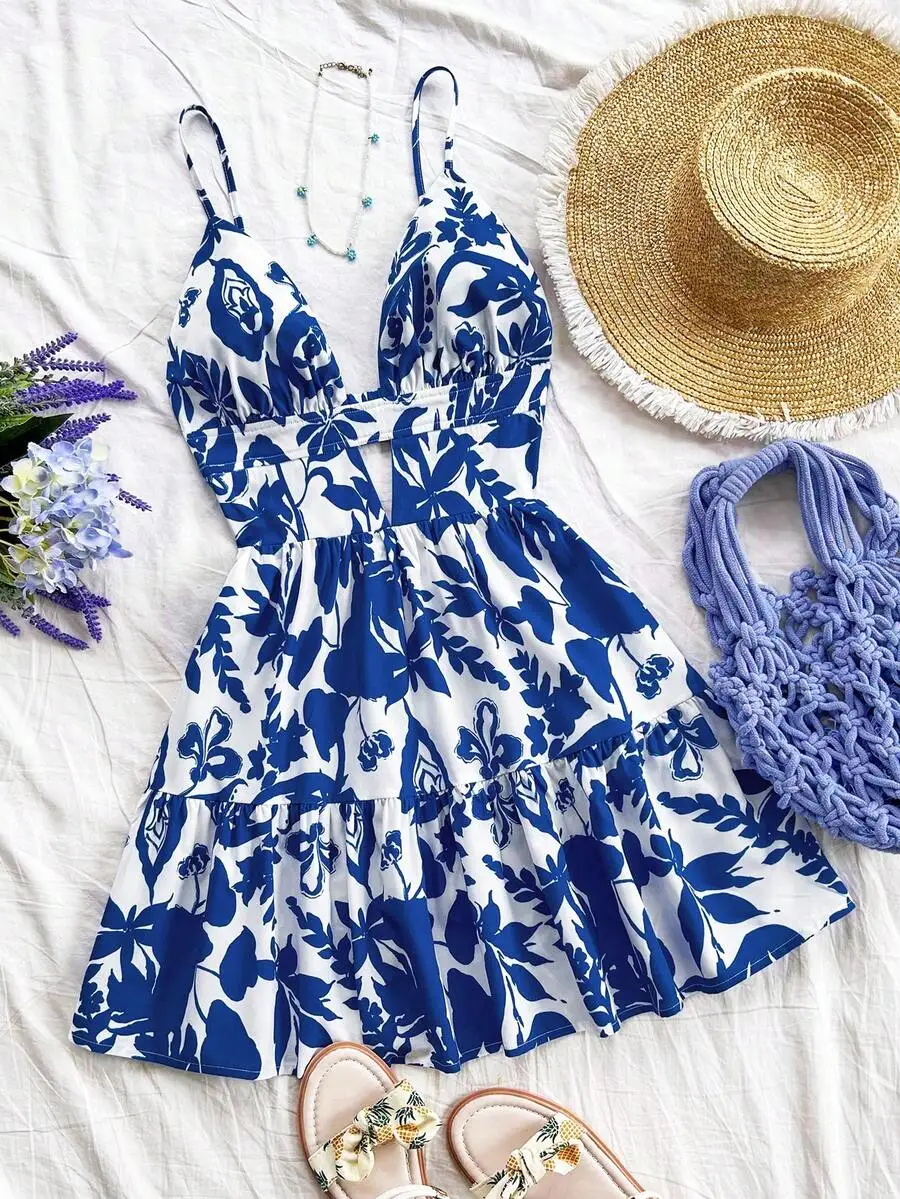 Blue And White Floral Print Spaghetti Strap Open Back Cinched Waist A-Line Mini Dress For Women
Blue And White Floral Print Spaghetti Strap Open Back Cinched Waist A-Line Mini Dress For Women