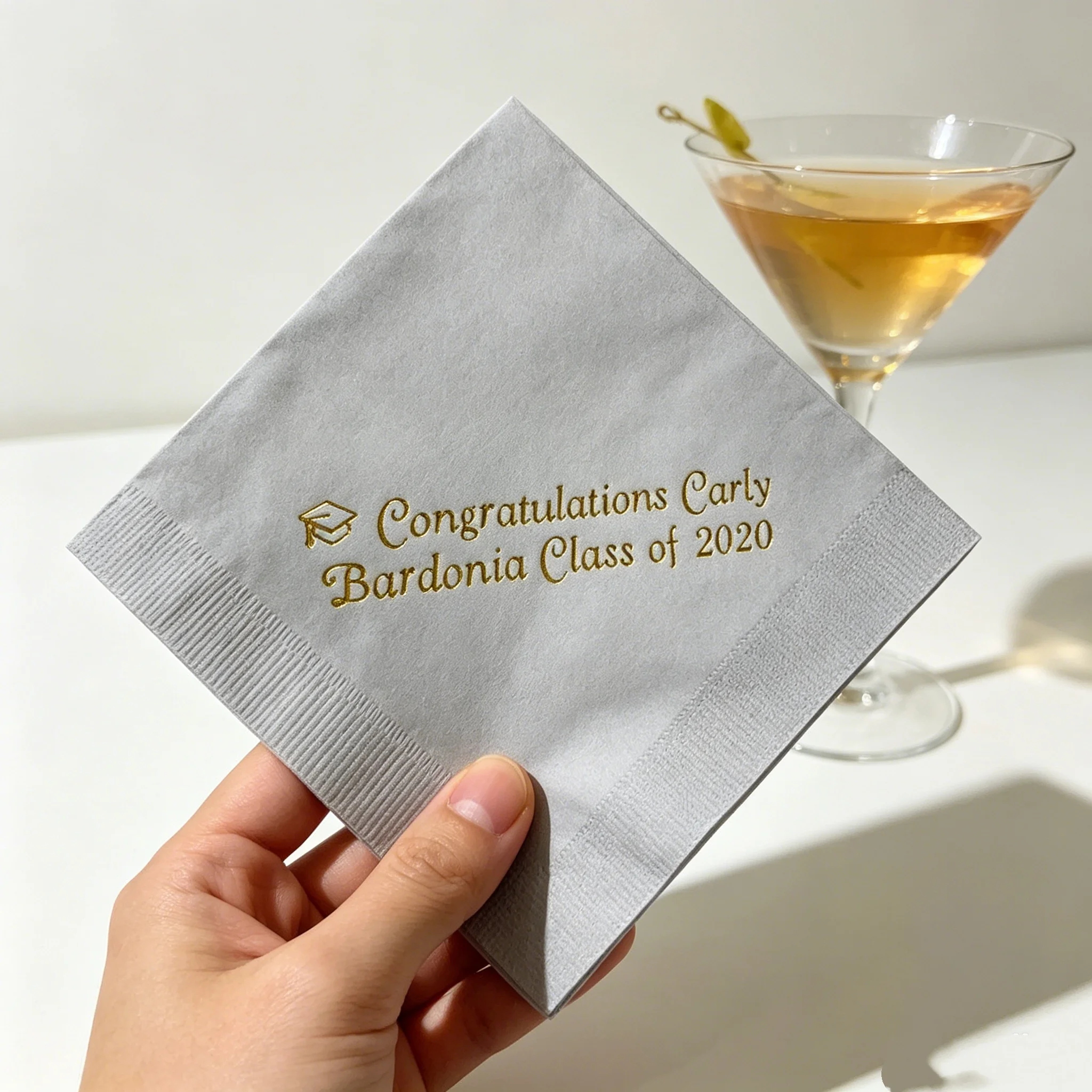 50pcs Personalized Graduation Napkins, Custom White Napkins with Gold "Congratulations" & Grad Cap Icon for College & High Schoo
50pcs Personalized Graduation Napkins, Custom White Napkins with Gold "Congratulations" & Grad Cap Icon for College & High Schoo