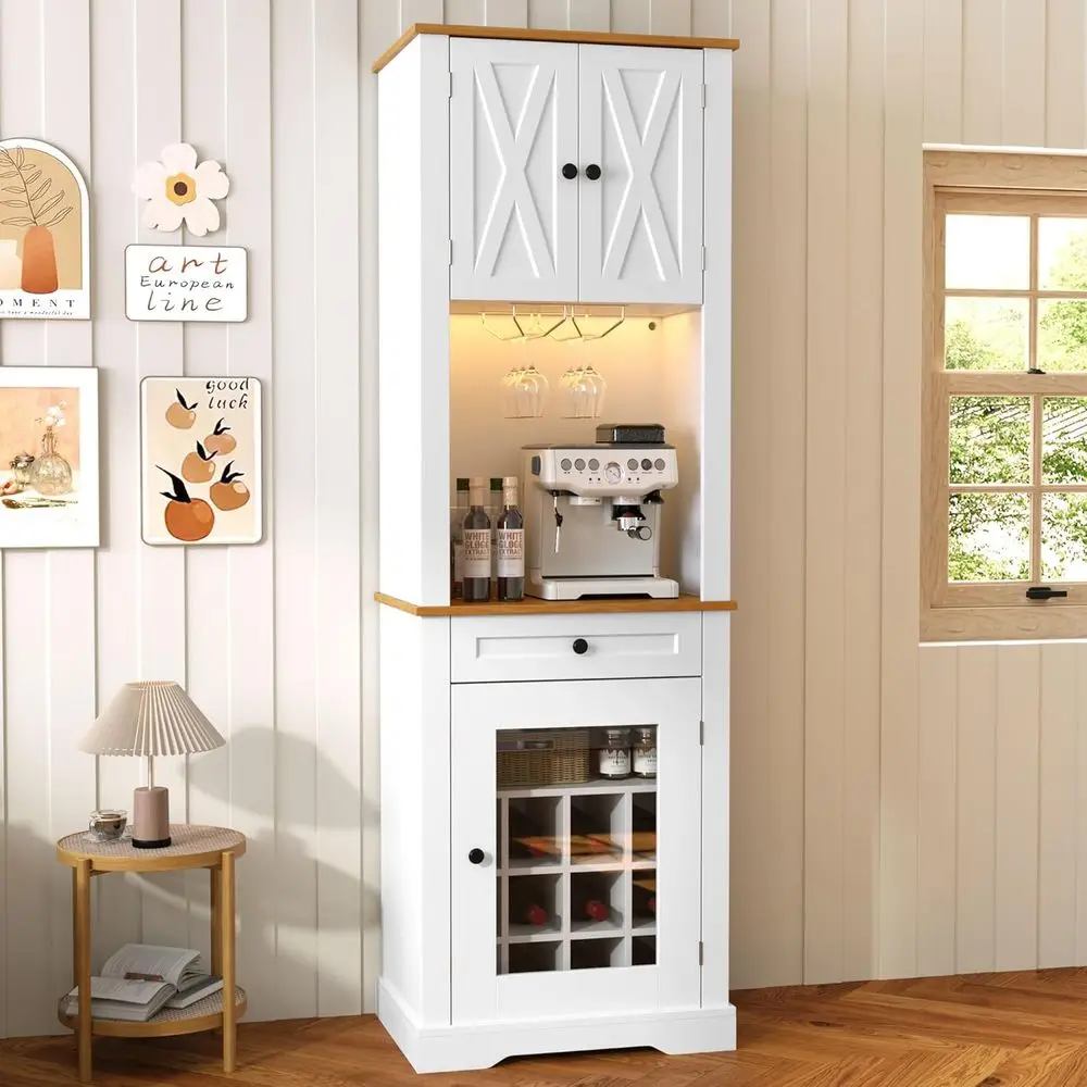 69 Tall Coffee Bar Cabinet with Wine Rack, Glass Holder, LED Light, and Charging Station for Home Bar or Dining Area
69 Tall Coffee Bar Cabinet with Wine Rack, Glass Holder, LED Light, and Charging Station for Home Bar or Dining Area