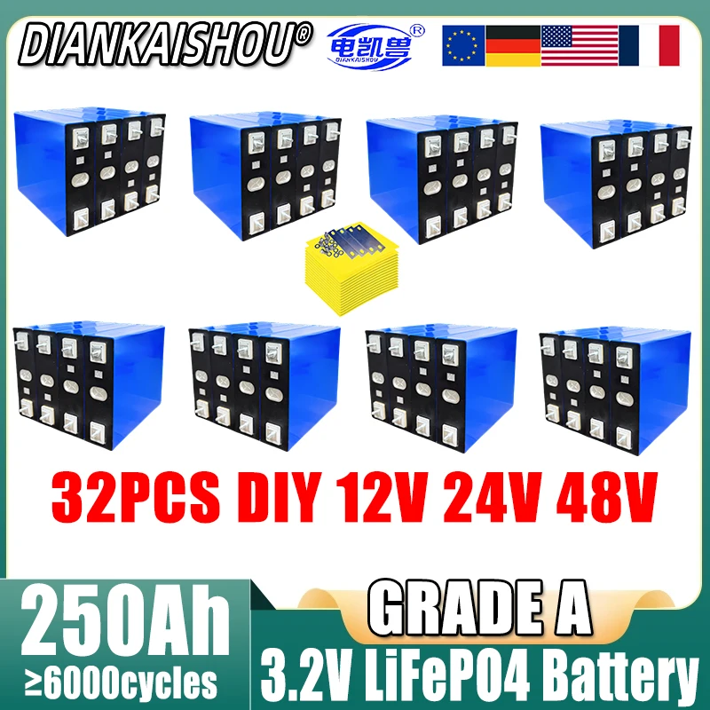 32 PCS 3.2V 250Ah LiFePO4 Battery Grade A Lithium iron phosphate For 4s 12V 24V Inverter Campers Golf Cart Off-Road TAX FREE
32 PCS 3.2V 250Ah LiFePO4 Battery Grade A Lithium iron phosphate For 4s 12V 24V Inverter Campers Golf Cart Off-Road TAX FREE