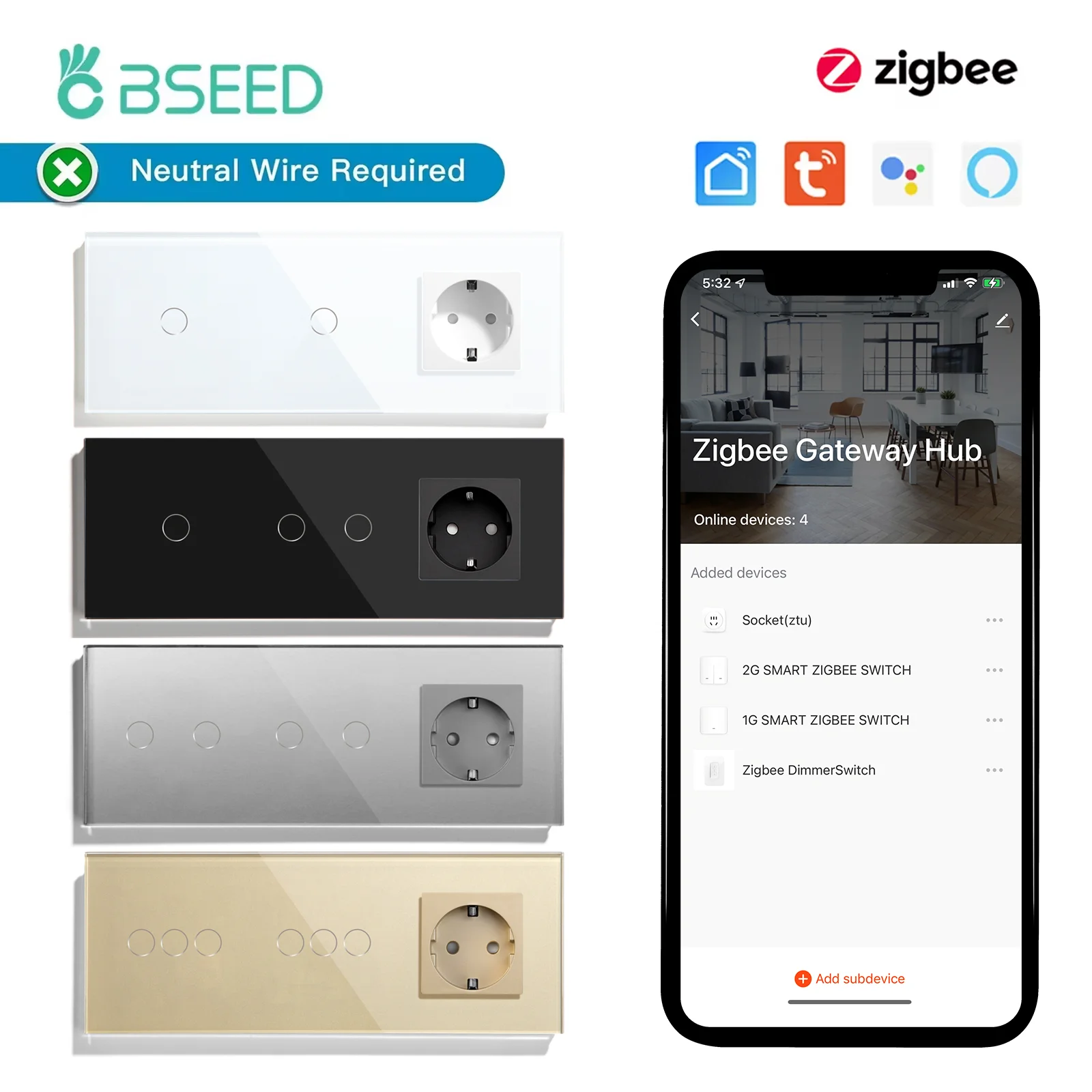 BSEED Zigbee Double 1/2/3Gang Touch Smart Switches Tuya Smart Life App Control Plus EU Wall Power Sockets No Neutral Required
BSEED Zigbee Double 1/2/3Gang Touch Smart Switches Tuya Smart Life App Control Plus EU Wall Power Sockets No Neutral Required