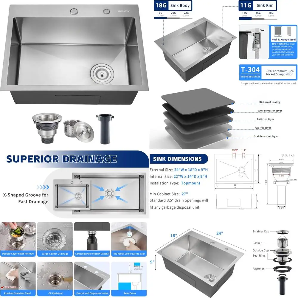 Stainless Steel 24x18 Topmount Single Bowl Drop-in Kitchen Sink for Home Bar and Outdoor RV Use, Brushed Finish
Stainless Steel 24x18 Topmount Single Bowl Drop-in Kitchen Sink for Home Bar and Outdoor RV Use, Brushed Finish