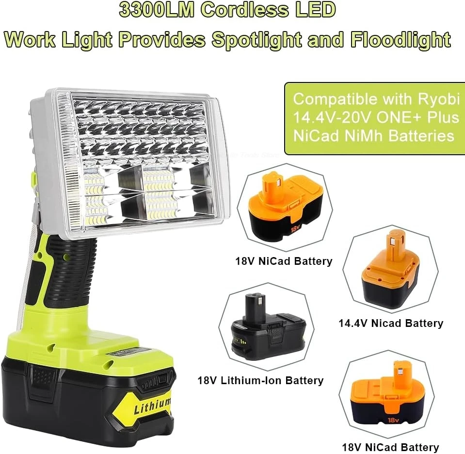 3300LM Cordless Led Work Light Compatible with Ryobi 18V Battery Rechargeable Jobsite Light Multifunction Flashlight USB Port
3300LM Cordless Led Work Light Compatible with Ryobi 18V Battery Rechargeable Jobsite Light Multifunction Flashlight USB Port