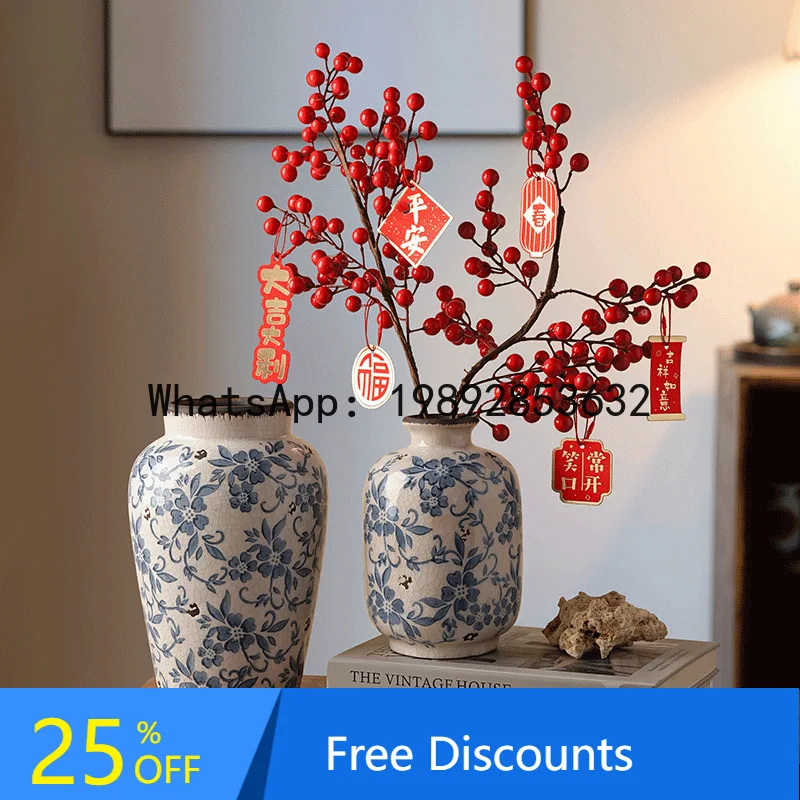 Chinese Style Blue and White Wabi-Sabi Ceramic Vase High-End Flower Arrangement Decorative Ornament Living Room Creative 
Chinese Style Blue and White Wabi-Sabi Ceramic Vase High-End Flower Arrangement Decorative Ornament Living Room Creative