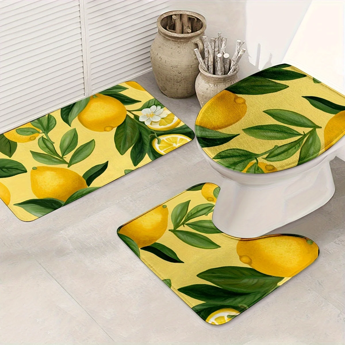 Fresh Lemon Pattern Bathroom Floor Mat Set 3pcs Non-Slip Absorbent Toilet Lid Cover and U-Shaped Rug
Fresh Lemon Pattern Bathroom Floor Mat Set 3pcs Non-Slip Absorbent Toilet Lid Cover and U-Shaped Rug