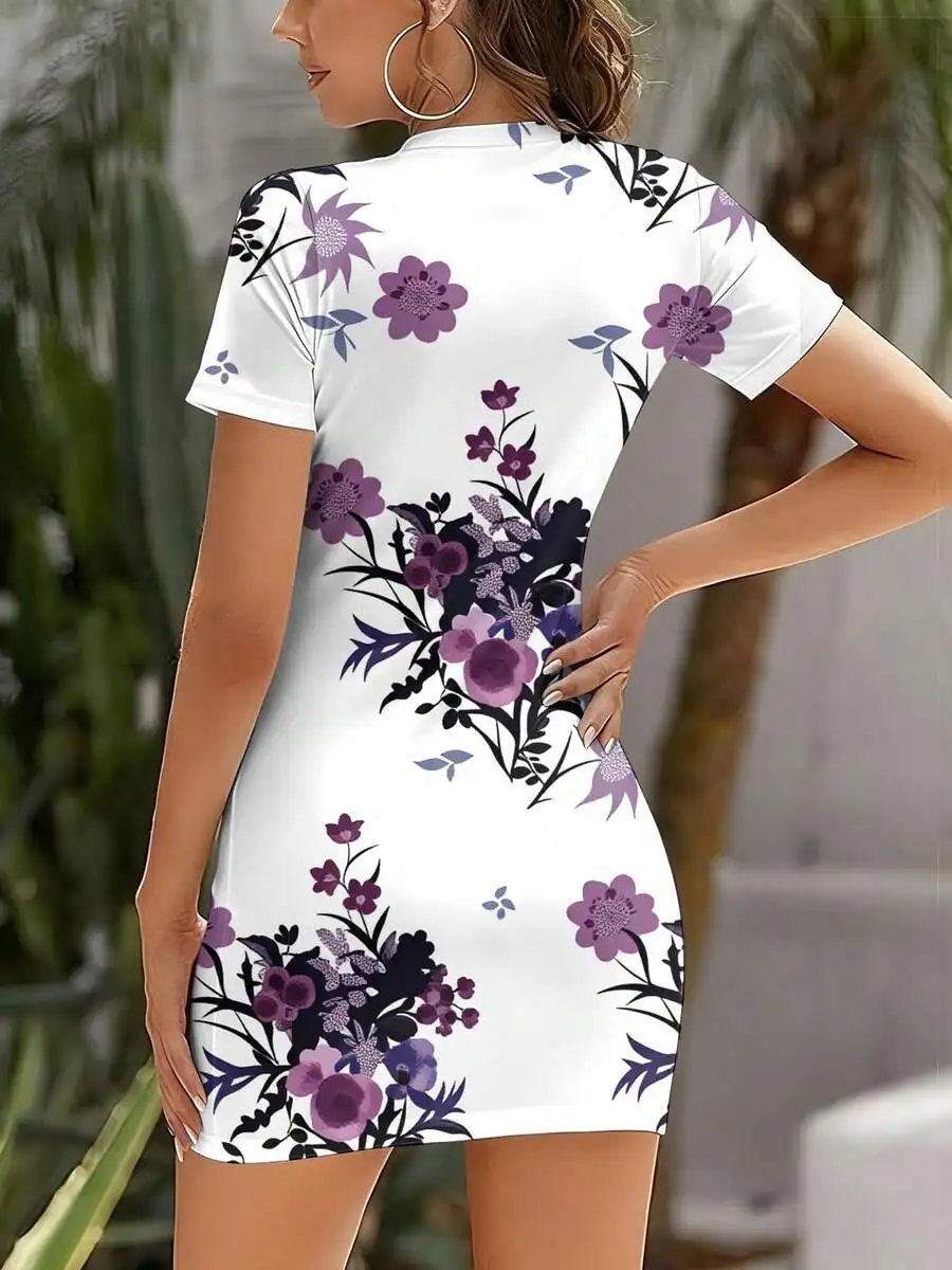 Floral Print Short Sleeve Fitted Dress Round Neck Purple Black Flowers Women Summer Casual Beach Dress
Floral Print Short Sleeve Fitted Dress Round Neck Purple Black Flowers Women Summer Casual Beach Dress