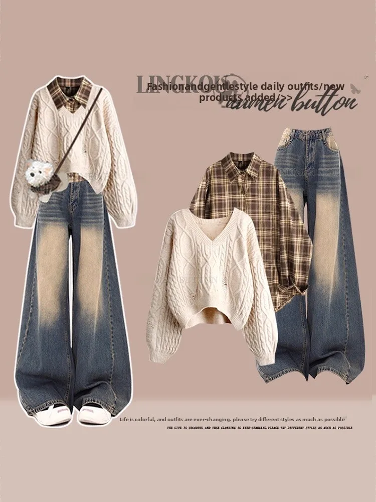 Fashionable Large Size Knitted Sweater Shirt And Jeans Three Piece Set for Women Casual Style Autumn Winter Loose Fit Outfit
Fashionable Large Size Knitted Sweater Shirt And Jeans Three Piece Set for Women Casual Style Autumn Winter Loose Fit Outfit