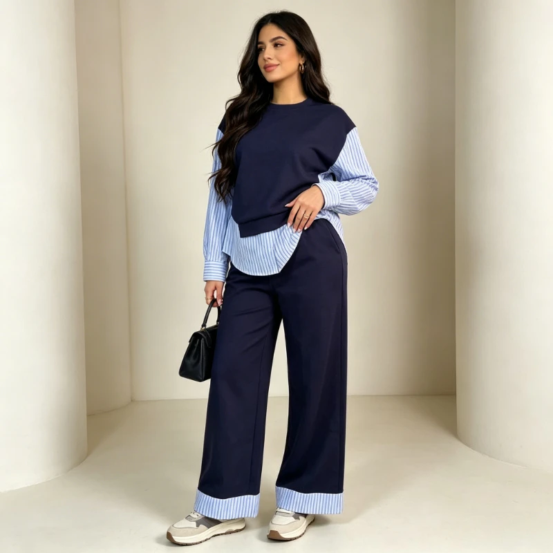 Pants Suit Women Sweatshirt Top Straight Trousers 2 Piece Sets Dubai Muslim Set Striped Patchwork Blouses Tracksuit Outfits 2026
Pants Suit Women Sweatshirt Top Straight Trousers 2 Piece Sets Dubai Muslim Set Striped Patchwork Blouses Tracksuit Outfits 2026