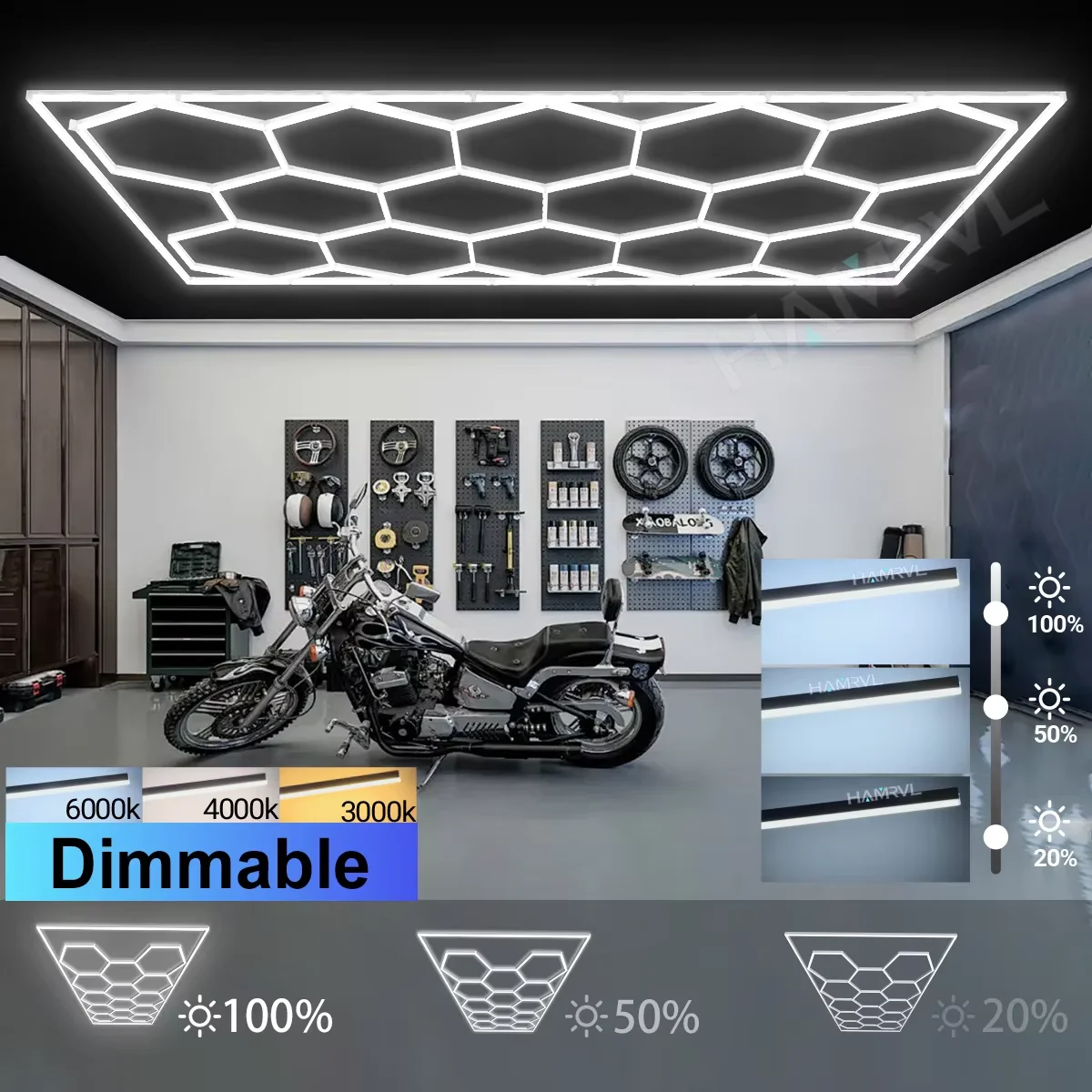Hexagonal Honeycomb LED Ceiling Light 3 Levels Dimmable AC110-240V Wide Voltage Cool White 6000K-6500K for Salon Garage Gym Home
Hexagonal Honeycomb LED Ceiling Light 3 Levels Dimmable AC110-240V Wide Voltage Cool White 6000K-6500K for Salon Garage Gym Home