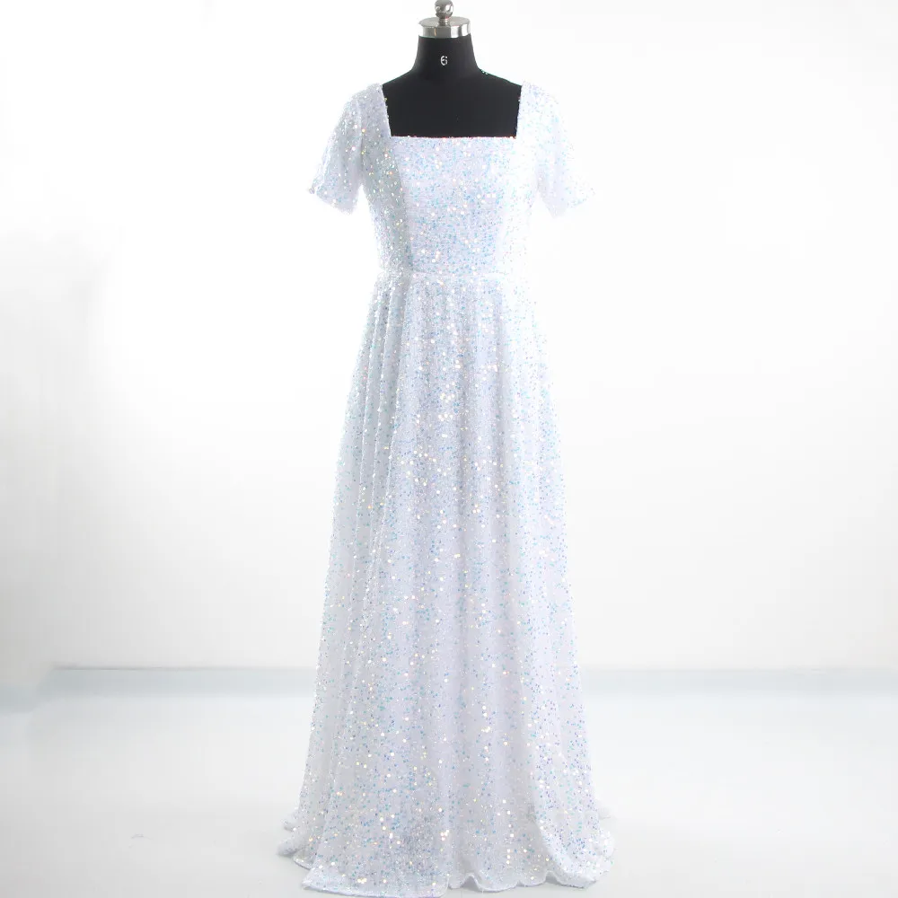 Evening Dresses White Sequins Square Collar Short Sleeves Simple A-line Floor Length Plu size Zipper Women Party Dress B1138
Evening Dresses White Sequins Square Collar Short Sleeves Simple A-line Floor Length Plu size Zipper Women Party Dress B1138