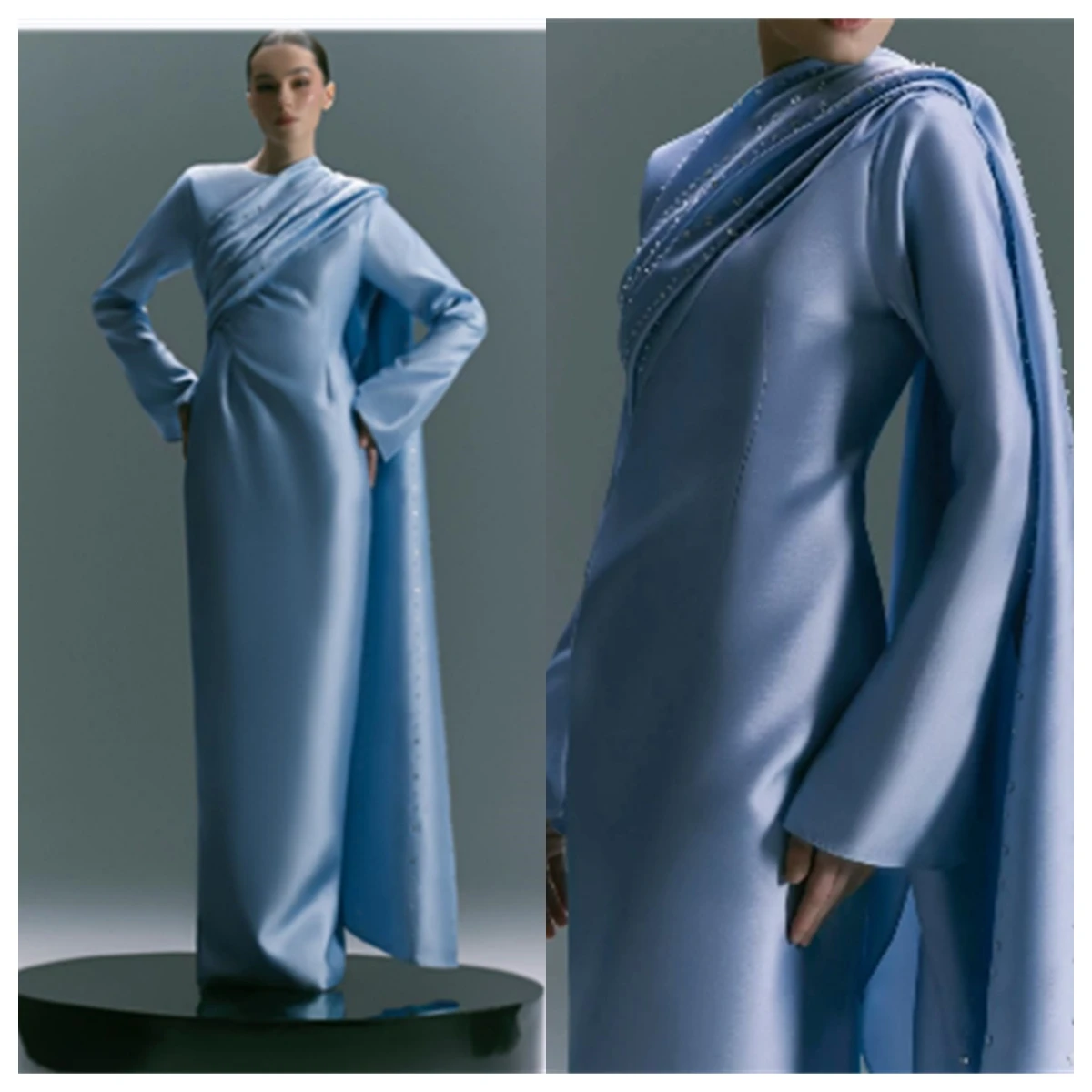 Customized Temperament Blue Satin Evening Dress O-Neck Long Sleeves Celebrity Gowns Crystal Bespoke Occasion Gowns Delicate
Customized Temperament Blue Satin Evening Dress O-Neck Long Sleeves Celebrity Gowns Crystal Bespoke Occasion Gowns Delicate