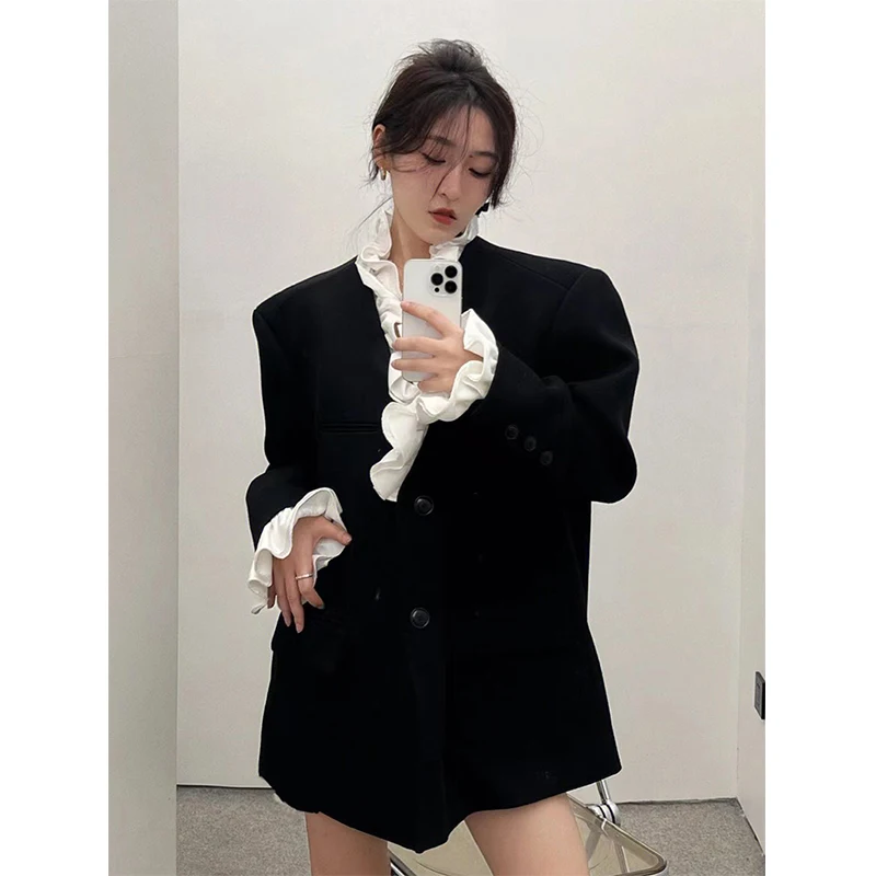 Элегантный черный блейзер MEXZT для женщин, пиджак с оборками и вставками, модное пальто с длинными рукавами, офисная верхняя одежда в корейском деловом стиле
Элегантный черный блейзер MEXZT для женщин, пиджак с оборками и вставками, модное пальто с длинными рукавами, офисная верхняя одежда в корейском деловом стиле