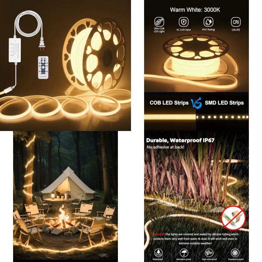 120V 110V COB Led Strip Light Kit Dimmable Waterproof IP67 3000K 65.6ft LED Light Strips Outdoor 5760LEDs Super Bright Neon Rop
120V 110V COB Led Strip Light Kit Dimmable Waterproof IP67 3000K 65.6ft LED Light Strips Outdoor 5760LEDs Super Bright Neon Rop