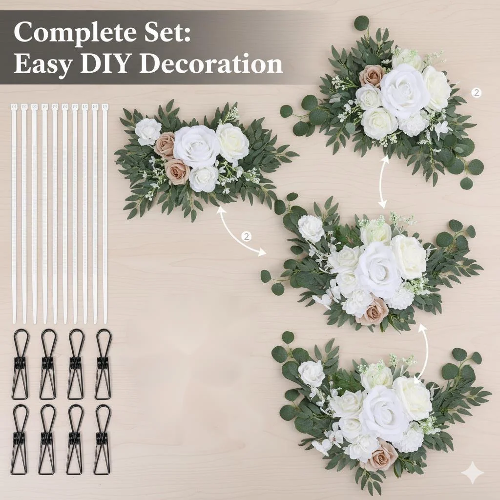 4 Pcs Set Wedding Arch Flowers White Champagne Rose With Eucalyptus Leaves Clips Zip Ties Wedding Backdrop Ceremony Party Decor
4 Pcs Set Wedding Arch Flowers White Champagne Rose With Eucalyptus Leaves Clips Zip Ties Wedding Backdrop Ceremony Party Decor