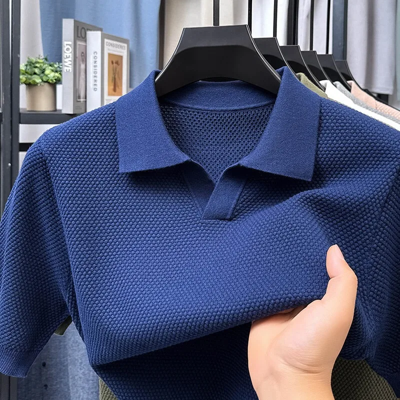 Классические однотонные жаккардовые вязаные рубашки поло, мужские летние дышащие повседневные футболки с короткими рукавами, деловые футболки для социальных сетей, топы 
Классические однотонные жаккардовые вязаные рубашки поло, мужские летние дышащие повседневные футболки с короткими рукавами, деловые футболки для социальных сетей, топы