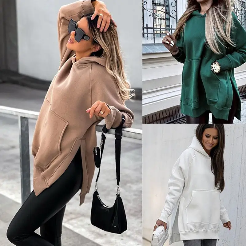 Women's Long Sleeve Pocket Slit Hoodie Sweatshirt Casual Comfortable Streetwear Style Color T-Shirt for Ladies
Women's Long Sleeve Pocket Slit Hoodie Sweatshirt Casual Comfortable Streetwear Style Color T-Shirt for Ladies