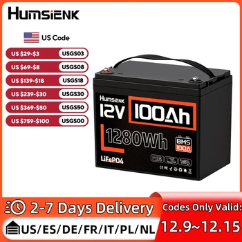 Humsienk 12V 100Ah LiFePO4 Battery Built-in 100A BMS Rechargeable Low-Temp Protection Lithium Iron Phosphate Battery for RV,etc
