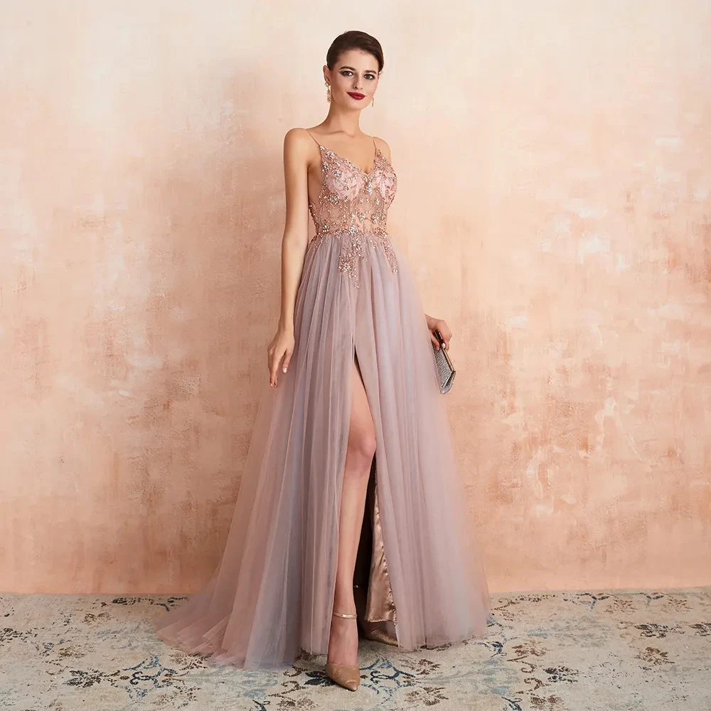 Sexy Spaghetti Straps Evening Dresses New Arrival V-Neck Rhinestones Beading Formal Prom Gowns with Slit robe de soiree
Sexy Spaghetti Straps Evening Dresses New Arrival V-Neck Rhinestones Beading Formal Prom Gowns with Slit robe de soiree