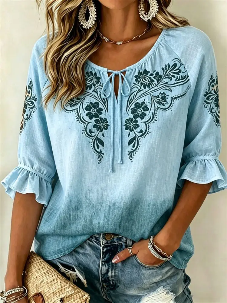 Women's Blue Ombre Floral Print Tie Neck Blouse, Casual Loose Tops for Spring Summer Daily Wear & Vacation Occasions
Women's Blue Ombre Floral Print Tie Neck Blouse, Casual Loose Tops for Spring Summer Daily Wear & Vacation Occasions