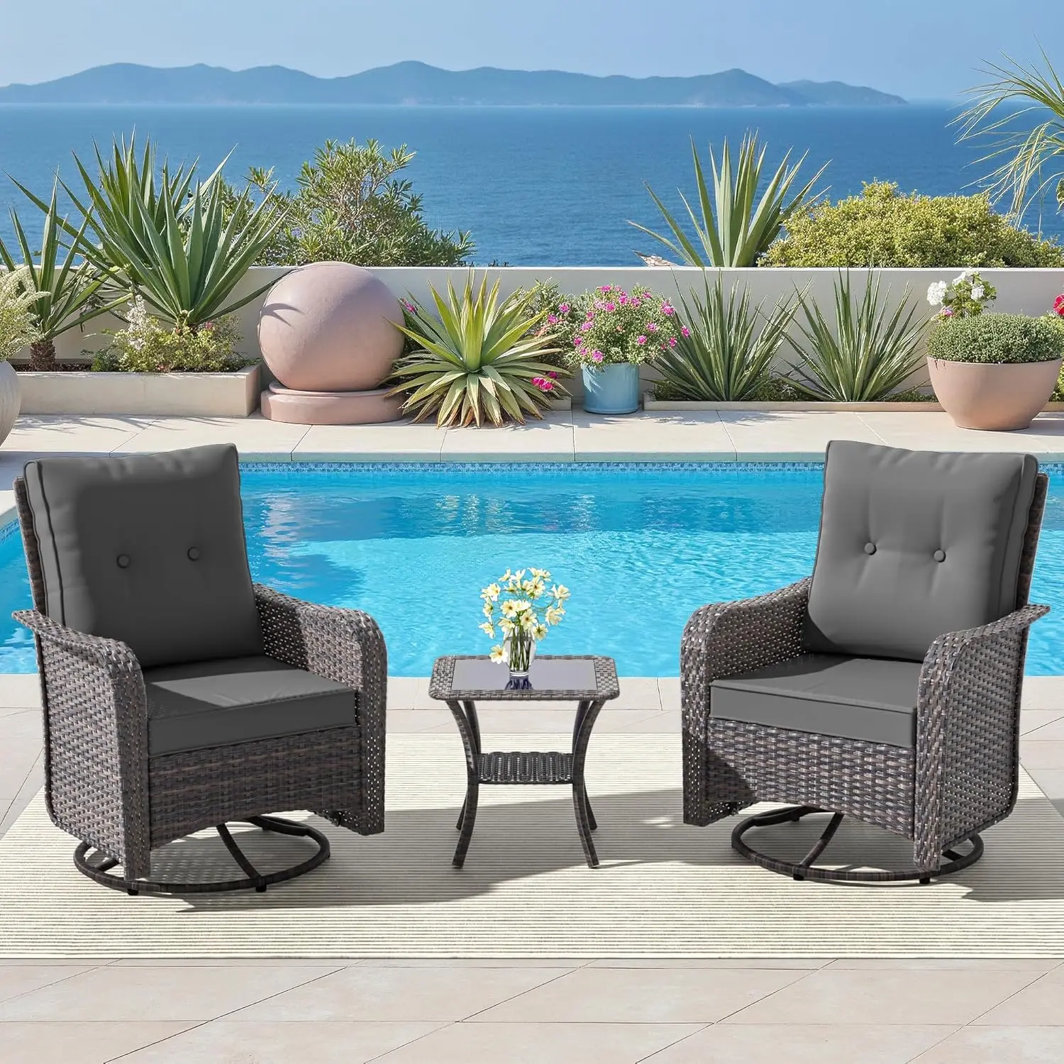 #Swivel Rocking Patio Chairs Set 2 4" Cushion High Back Wicker Side Table Outdoor Porch Poolside, Customized
#Swivel Rocking Patio Chairs Set 2 4" Cushion High Back Wicker Side Table Outdoor Porch Poolside, Customized