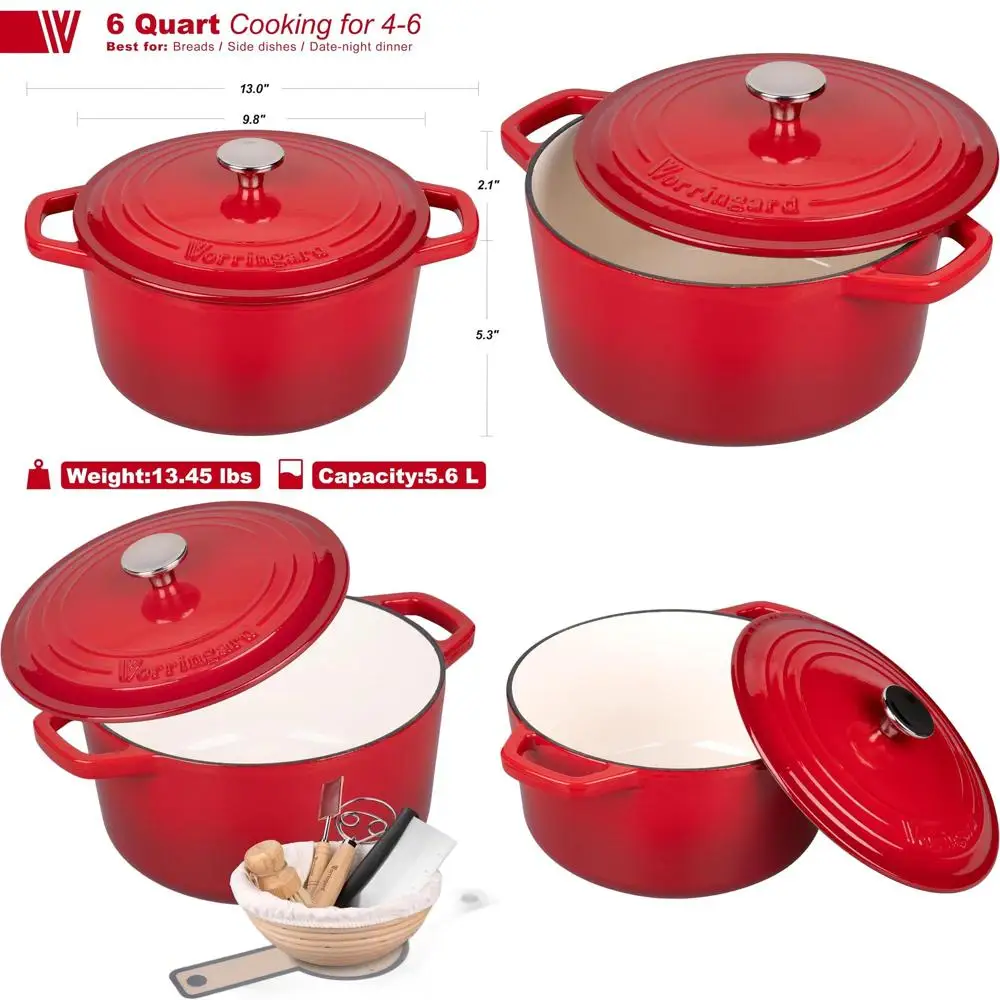Red 6-Quart Enamel Cast Iron Dutch Oven with Lid and Sourdough Bread Baking Supplies
Red 6-Quart Enamel Cast Iron Dutch Oven with Lid and Sourdough Bread Baking Supplies