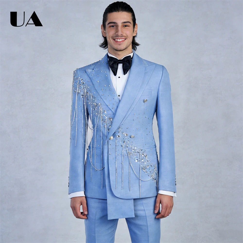 ULBYANRY Небесно-голубой роскошный костюм для мужчин, куртка, брюки, официальный вечерний костюм для юбилея, костюмы для выступлений
ULBYANRY Небесно-голубой роскошный костюм для мужчин, куртка, брюки, официальный вечерний костюм для юбилея, костюмы для выступлений