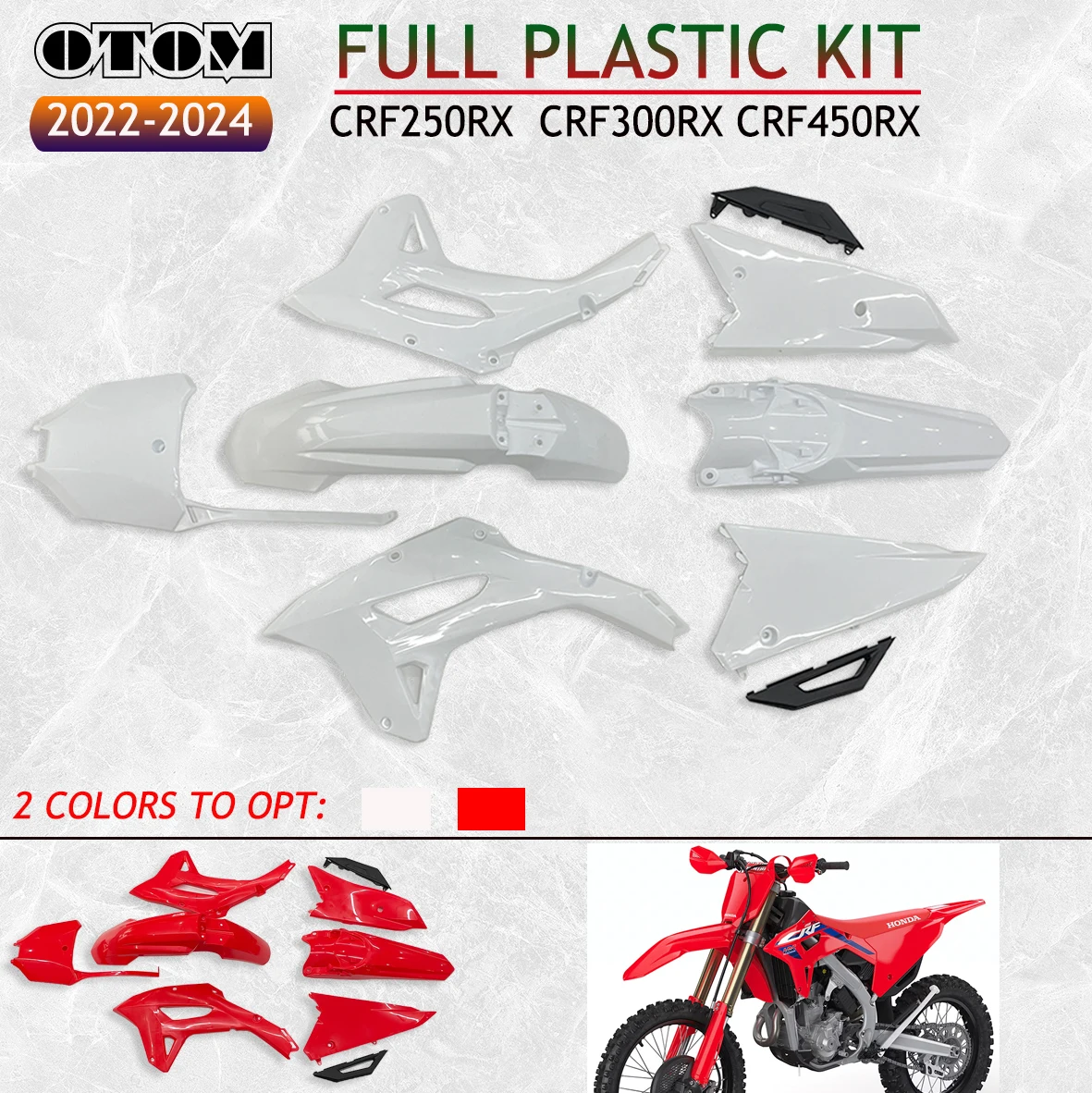 Полностью пластиковый комплект OTOM для мотоцикла CRF для HONDA CRF250RX CRF300RX 2022-2024 CRF450RX 2021-2024, комплект обтекателя кузова, переднее и заднее крыло
Полностью пластиковый комплект OTOM для мотоцикла CRF для HONDA CRF250RX CRF300RX 2022-2024 CRF450RX 2021-2024, комплект обтекателя кузова, переднее и заднее крыло