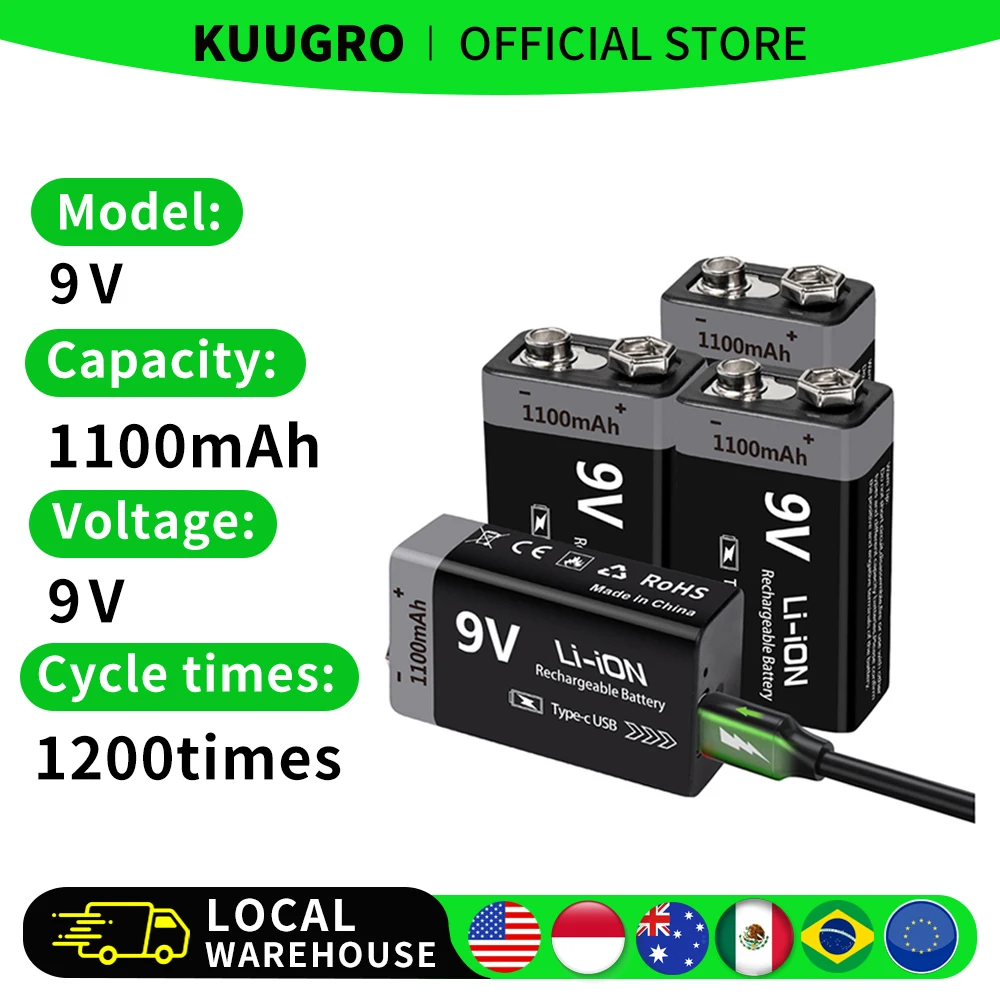 Kuugro USB 9V Rechargeable Battery 1100mAh Type-C Rechargeable 6F22 9V Li-ion Battery for RC Helicopeter Model Multimeter Toy
Kuugro USB 9V Rechargeable Battery 1100mAh Type-C Rechargeable 6F22 9V Li-ion Battery for RC Helicopeter Model Multimeter Toy