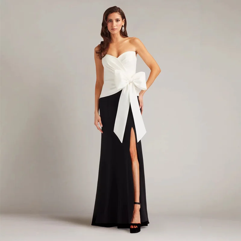 Elegant Black White Strapless Long Dress with Knot Slit Elastic Evening Gown Performance Dress Knitted Fabric Slim Fit
Elegant Black White Strapless Long Dress with Knot Slit Elastic Evening Gown Performance Dress Knitted Fabric Slim Fit