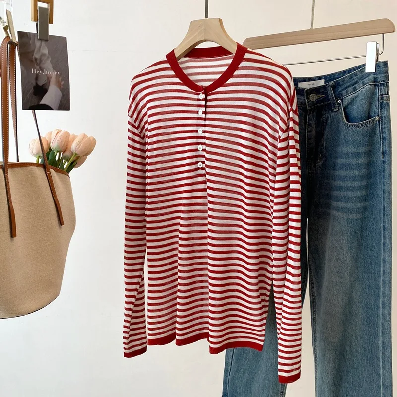 Dave&di Spring/summer New Product 100 Knitted Wool Machine Washable Henley Collar Thin Striped Long Sleeve Knitted Sweater
Dave&di Spring/summer New Product 100 Knitted Wool Machine Washable Henley Collar Thin Striped Long Sleeve Knitted Sweater