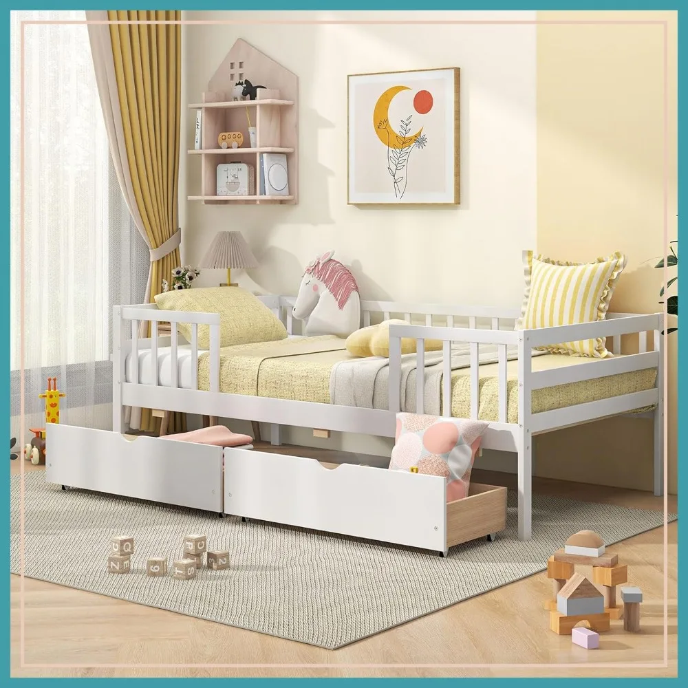 Low Twin Bed with Storage Drawers, Wood Daybed with Rails & Shelf, No Box Spring Needed, White
Low Twin Bed with Storage Drawers, Wood Daybed with Rails & Shelf, No Box Spring Needed, White