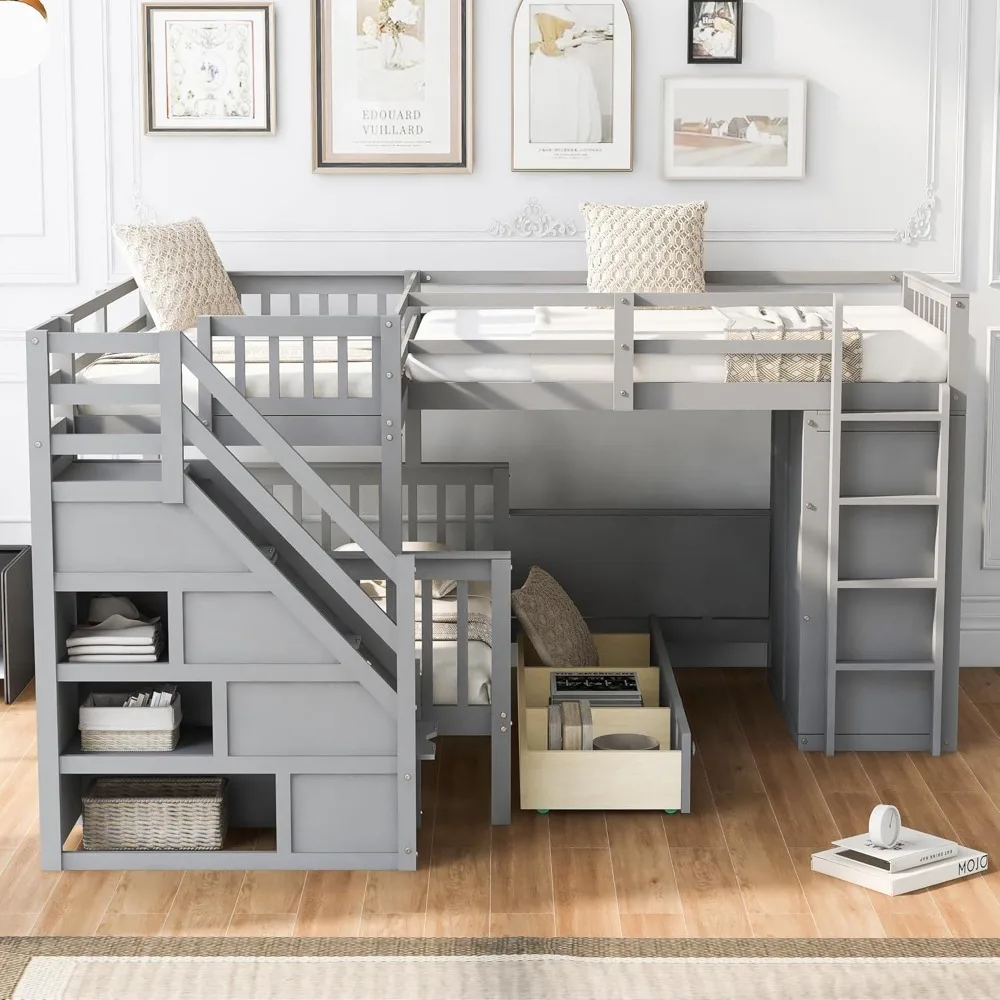 Twin-Twin Over Full L-Shaped Bunk Bed with Wardrobe, Portable Desk and Staircase with 3 Drawers, Wood Bunk Bed Attached
Twin-Twin Over Full L-Shaped Bunk Bed with Wardrobe, Portable Desk and Staircase with 3 Drawers, Wood Bunk Bed Attached