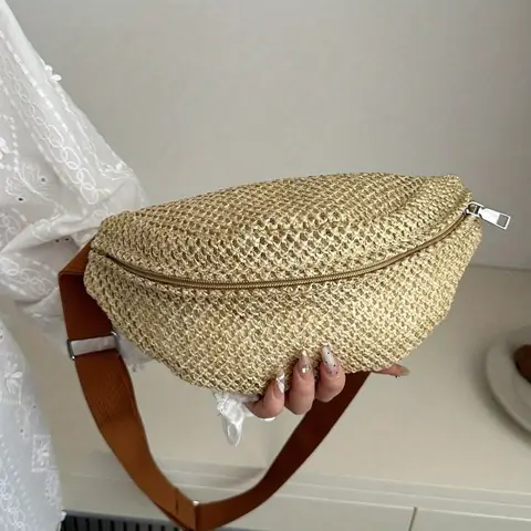 Women's woven crossbody bag with zipper closure - light brown bohemian style waist bag, breathable woven lining