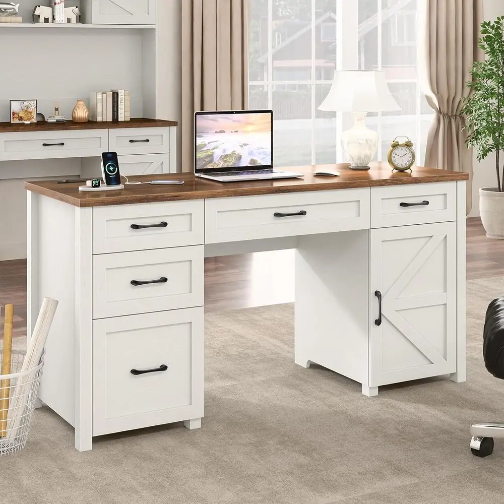 61 Executive Desk with 5 Drawers, Rustic Office Desk with Charging Station, File Drawers and Storage Cabinet, Wood Workstation f
61 Executive Desk with 5 Drawers, Rustic Office Desk with Charging Station, File Drawers and Storage Cabinet, Wood Workstation f