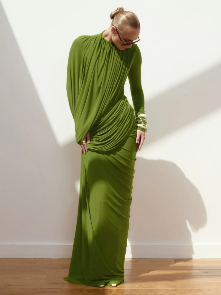 Sexy O Neck Long Sleeve Asymmetrical Pleated Long Dress Women Green Mesh Folds Design Slim Dresses Evening Party Gowns
Sexy O Neck Long Sleeve Asymmetrical Pleated Long Dress Women Green Mesh Folds Design Slim Dresses Evening Party Gowns